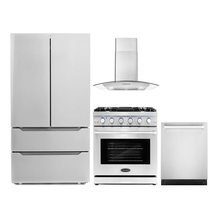 Cosmo 4-PIece Appliance Package - 30-Inch Gas Range, Wall Mount Range Hood, Dishwasher and Refrigerator in Stainless Steel (COS-4PKG-125)