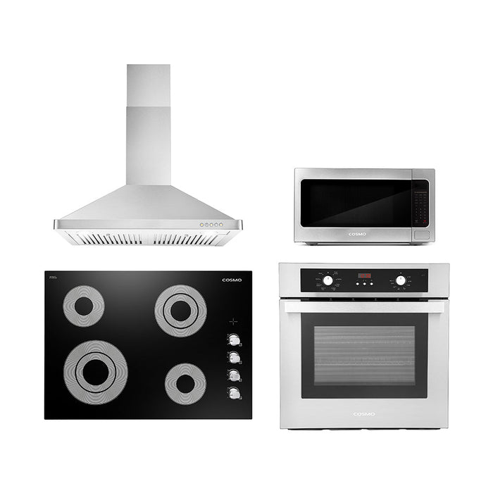 Cosmo 4 Piece Appliance Package - 30-Inch Electric Cooktop, Wall Mount Range Hood, Wall Oven, and Microwave in Stainless Steel (COS-4PKG-132)