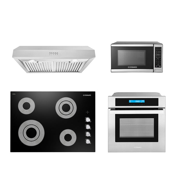 Cosmo 4-Piece Appliance Package - 30-Inch Electric Cooktop, Under Cabinet Range Hood, Wall Oven and Microwave in Stainless Steel (COS-4PKG-136)