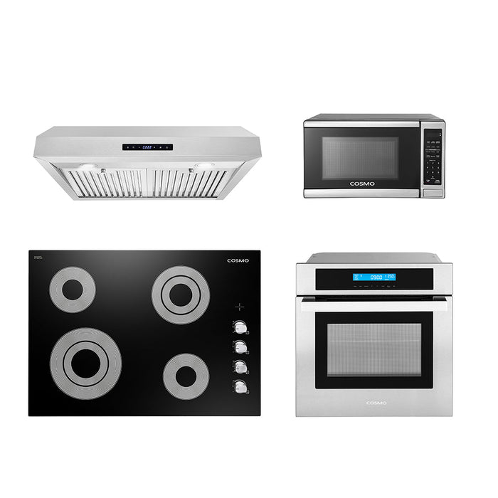 Cosmo 4-Piece Appliance Package - 30-Inch Electric Cooktop, Under Cabinet Range Hood, Wall Oven and Microwave in Stainless Steel (COS-4PKG-138)