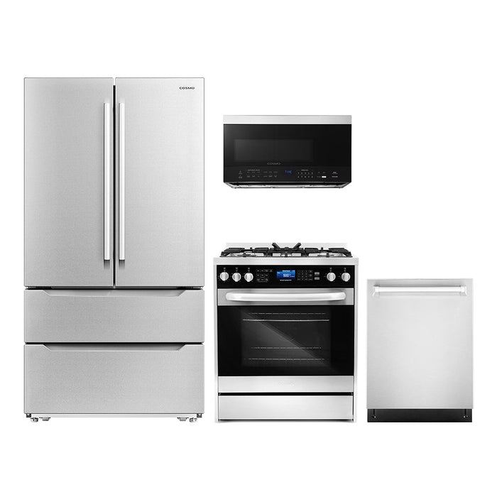 Cosmo 4-Piece Appliance Package - 30-Inch Dual Fuel Range, Dishwasher, Refrigerator and Over-the-Range Microwave in Stainless Steel (COS-4PKG-147)