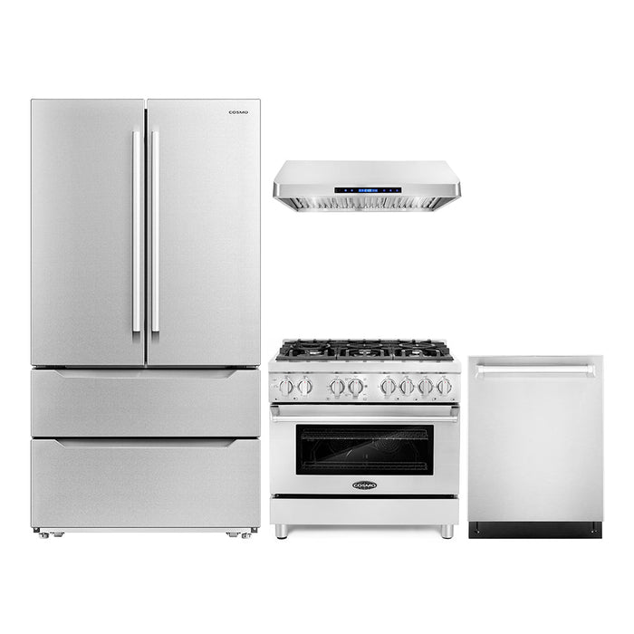 Cosmo 4 - Piece Appliance Package - 36-Inch 240V Dual Fuel Range 36-Inch Range Hood Dishwasher and Refrigerator (COS-4PKG-149)