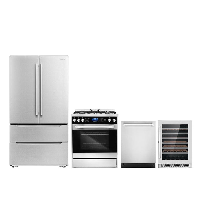 Cosmo 4-Piece Appliance Package - 30-Inch Dual Fuel Range, Dishwasher, Refrigerator and Wine Cooler in Stainless Steel (COS-4PKG-158)