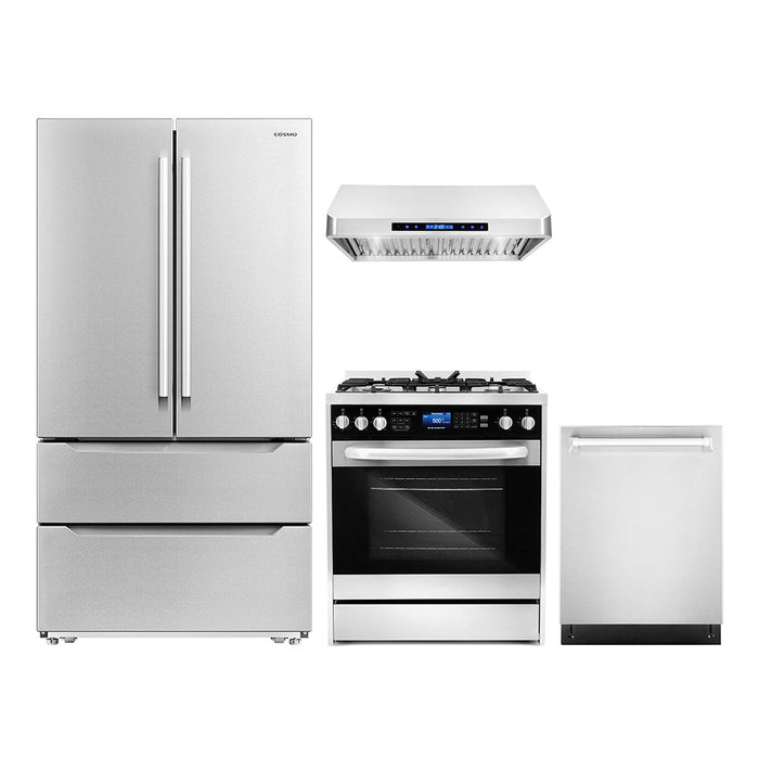 Cosmo 4-Piece Appliance Package - 30-Inch Dual Fuel Range, Under Cabinet Range Hood, Dishwasher and Refrigerator in Stainless Steel (COS-4PKG-159)