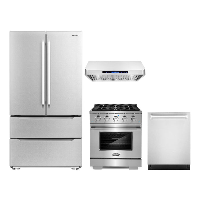 Cosmo 4-Piece Appliance Package - 30-Inch Gas Range, Under Cabinet Range Hood, Dishwasher and Refrigerator in Stainless Steel (COS-4PKG-163)