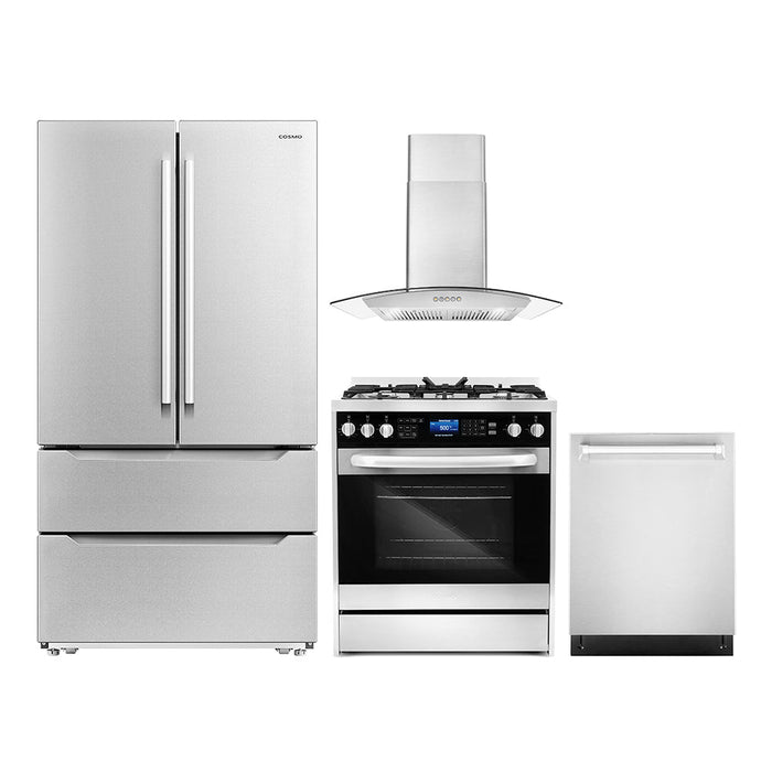 Cosmo 4-Piece Appliance Package - 30-Inch Dual Fuel Range, Wall Mount Range Hood, Dishwasher and Refrigerator in Stainless Steel (COS-4PKG-180)