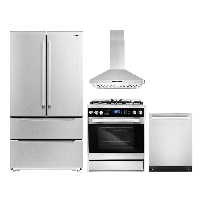 Cosmo 4-Piece Appliance Package - 30-Inch Dual Fuel Range, Island Range Hood, Dishwasher and Refrigerator in Stainless Steel (COS-4PKG-184)