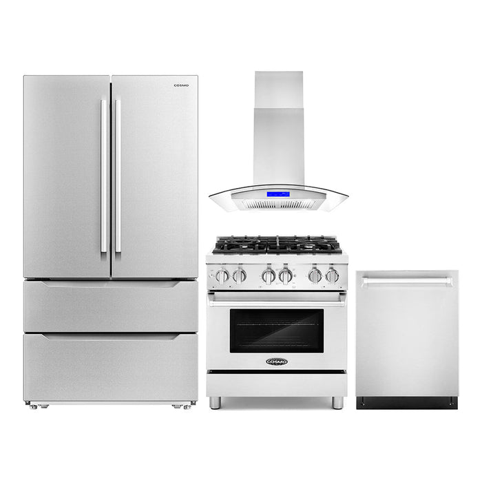 Cosmo 4-Piece Appliance Package - 30-Inch Dual Fuel Range, Island Range Hood, Dishwasher and Refrigerator in Stainless Steel (COS-4PKG-189)