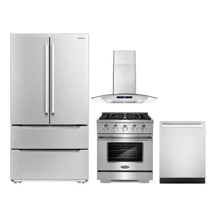 Cosmo 4-Piece Appliance Package - 30-Inch Gas Range, Wall Mount Range Hood, Dishwasher and Refrigerator in Stainless Steel (COS-4PKG-194)