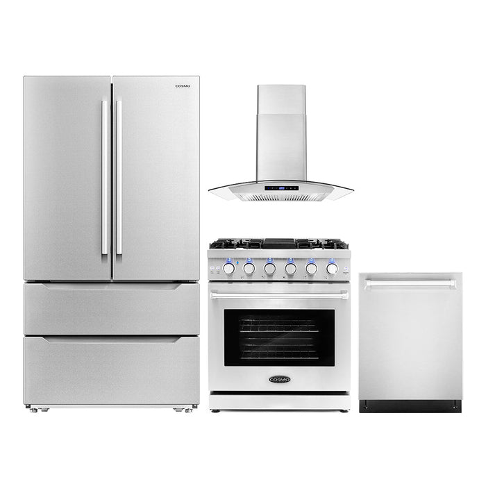 Cosmo 4-Piece Appliance Package - 30-Inch Gas Range, Wall Mount Range Hood, Dishwasher and Refrigerator in Stainless Steel (COS-4PKG-237)