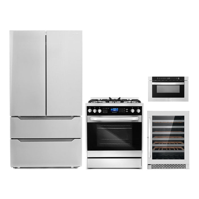 Cosmo 4-Piece Appliance Package - 30-Inch Dual Fuel Range, Refrigerator, Wine Cooler and Microwave in Stainless Steel (COS-4PKG-266)