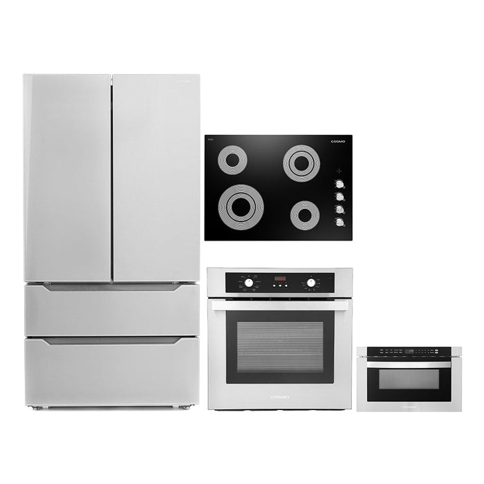 Cosmo 4-Piece Appliance Package - 30-Inch Electric Cooktop, Refrigerator, Wall Oven and Microwave Drawer in Stainless Steel (COS-4PKG-273)