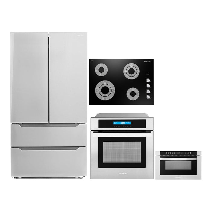 Cosmo 4-Piece Appliance Package - 30-Inch Electric Cooktop, Refrigerator, Wall Oven and Microwave Drawer in Stainless Steel (COS-4PKG-275)