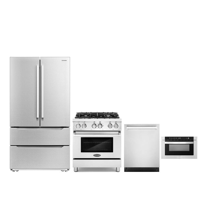 Cosmo 4-Piece Appliance Package - 30-Inch Dual Fuel Range, Dishwasher, Refrigerator and Microwave Drawer in Stainless Steel (COS-4PKG-281)