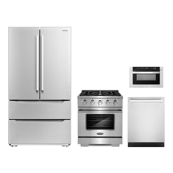 Cosmo 4-Piece Appliance Package - 30-Inch Gas Range, Dishwasher, Refrigerator and Microwave Drawer in Stainless Steel (COS-4PKG-282)