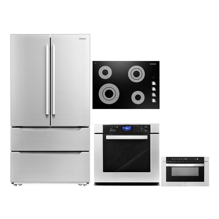 Cosmo 4-Piece Appliance Package - 30-Inch Electric Cooktop, Refrigerator, Wall Oven and Microwave Drawer in Stainless Steel (COS-4PKG-283)