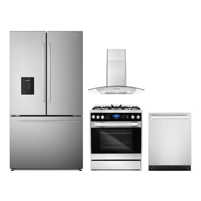 Cosmo 4-Piece Appliance Package - 30-Inch Dual Fuel Range, Wall Mount Range Hood, Dishwasher and Refrigerator with Water Dispenser in Stainless Steel (COS-4PKG-648)