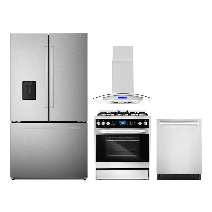 Cosmo 4-Piece Appliance Package - 30-Inch Dual Fuel Range, Island Range Hood, Dishwasher and Refrigerator with Water Dispenser in Stainless Steel (COS-4PKG-651)