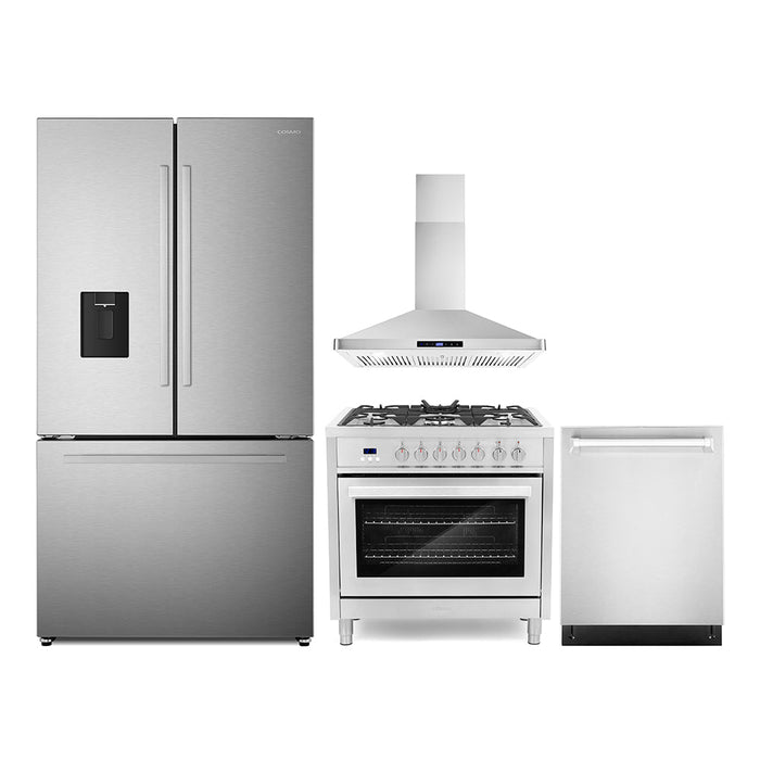 Cosmo 4-Piece Appliance Package - 36-Inch Dual Fuel Range, Wall Mount Range Hood, Dishwasher and Refrigerator in Stainless Steel (COS-4PKG-679)