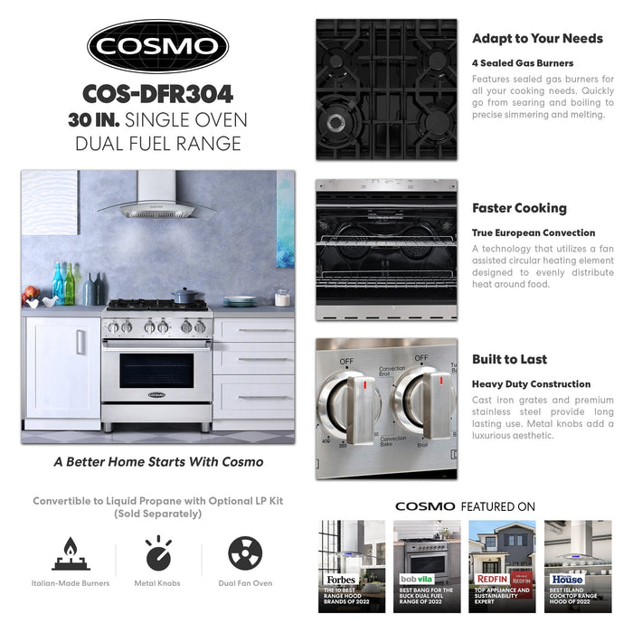 Cosmo 4-Piece Appliance Package - 30-Inch Dual Fuel Range, wall Mount Range Hood, Dishwasher and Refrigerator in Stainless Steel (COS-4PKG-044)