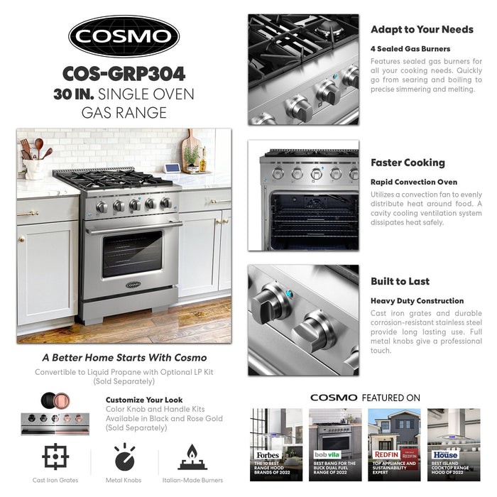 Cosmo 4-Piece Appliance Package - 30-Inch Gas Range, Wall Mount Range Hood, Dishwasher and Refrigerator in Stainless Steel (COS-4PKG-194)