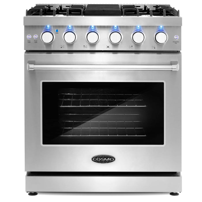 Cosmo 4-PIece Appliance Package - 30-Inch Gas Range, Wall Mount Range Hood, Dishwasher and Refrigerator in Stainless Steel (COS-4PKG-125)