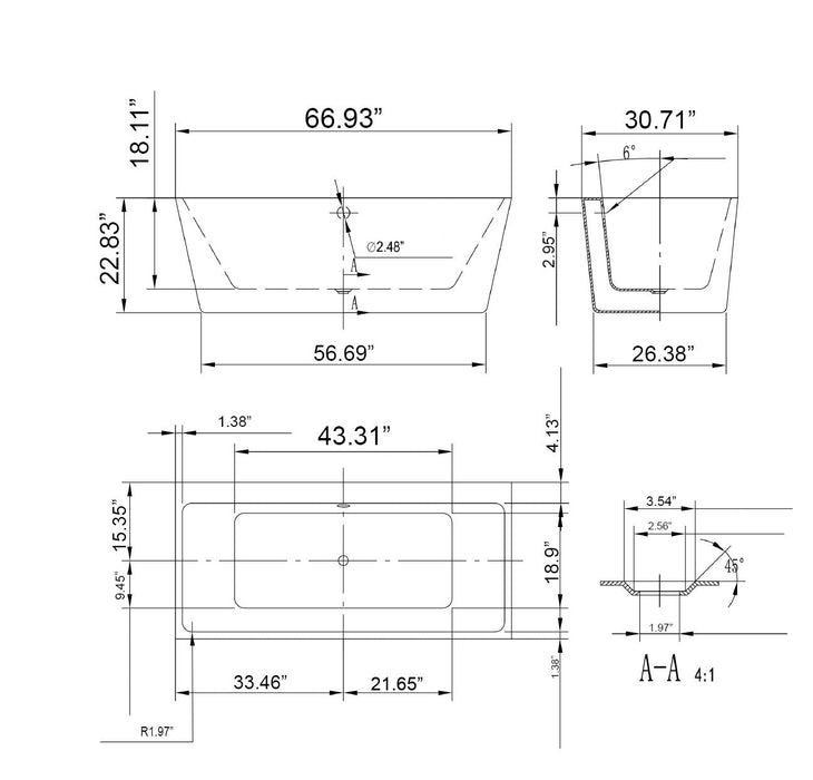 Empava 67" Freestanding Soaking Tub with Center Drain EMPV-67FT1516