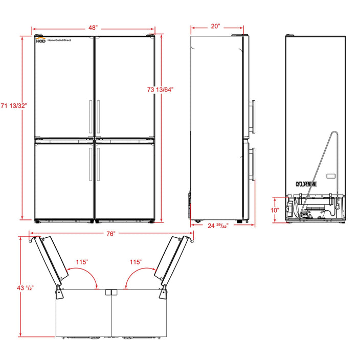 Forno Guardia 46.8 Inch 21.6 cu.ft. Side-by-Side Bottom Freezer Refrigerator in Stainless Steel (FFFFD1778-48)