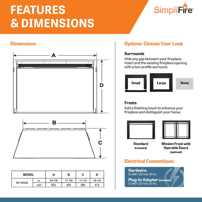 SimpliFire 25" Traditional Electric Built-In Fireplace Insert