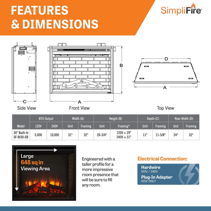 SimpliFire 30" Traditional Electric Built-In Fireplace