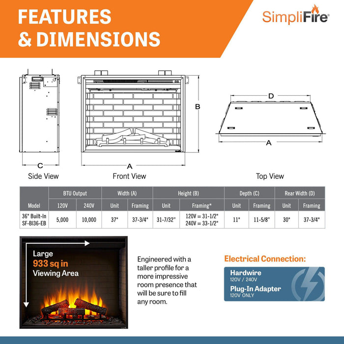 SimpliFire 36" Traditional Electric Built-In Fireplace