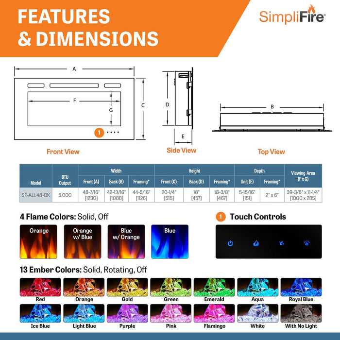 SimpliFire Allusion 48" Linear Electric Recessed Fireplace