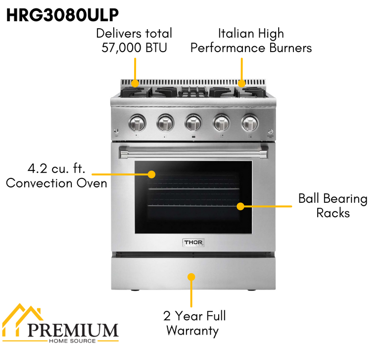 Thor Kitchen 30 in. 4.2 cu. ft. Professional Propane Gas Range in Stainless Steel, HRG3080ULP