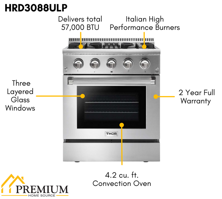 Thor Kitchen 30 in. Propane Gas Burner/Electric Oven Range in Stainless Steel, HRD3088ULP