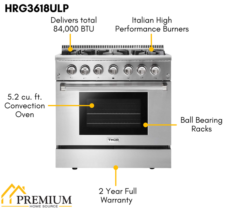 Thor Kitchen 36 in. 5.2 cu. ft. Professional Propane Gas Range in Stainless Steel, HRG3618ULP