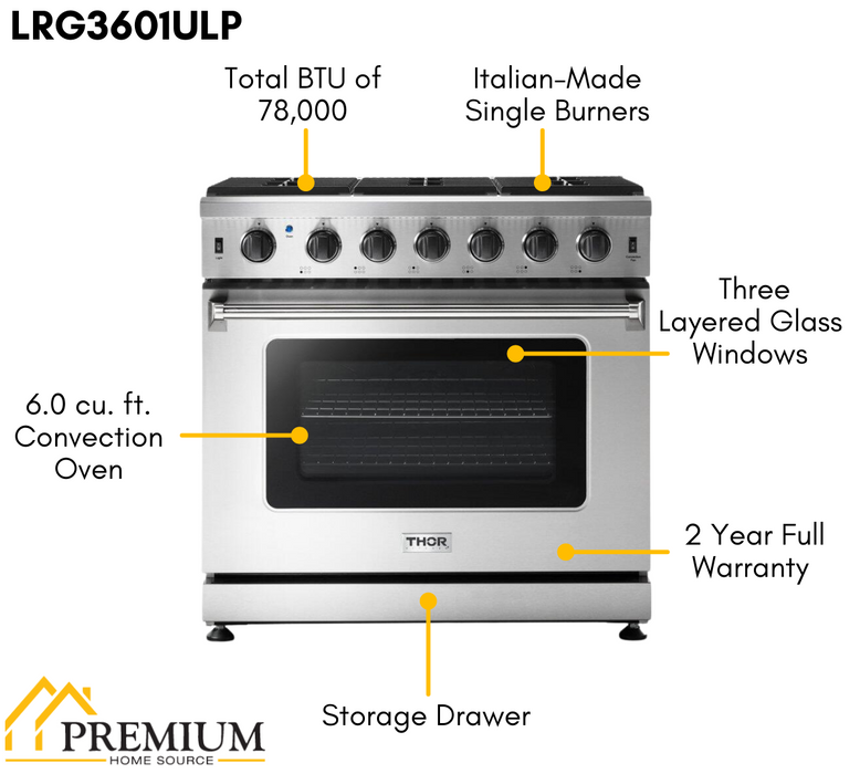 Thor Kitchen 36 in. 6.0 Cu. Ft Propane Gas Range in Stainless Steel, LRG3601ULP