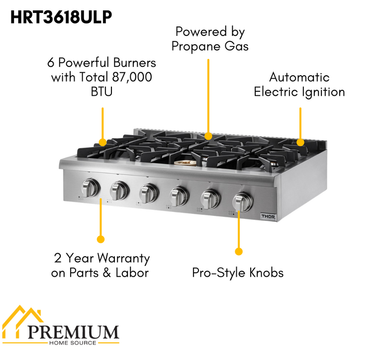 Thor Kitchen 36 in. Liquid Propane Gas Cooktop in Stainless Steel with 6 Burners, HRT3618ULP