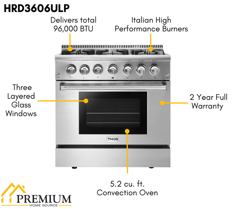 Thor Kitchen 36 in. Propane Gas Burner/Electric Oven Range in Stainless Steel, HRD3606ULP