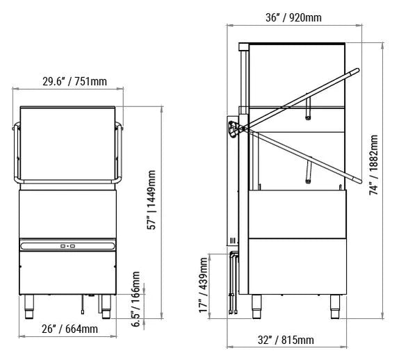 AMPTO Dishwasher, hood type, 34-5/8"W, high temperature, with 8.6kW booster heater, up to (30) racks per hour - 1510