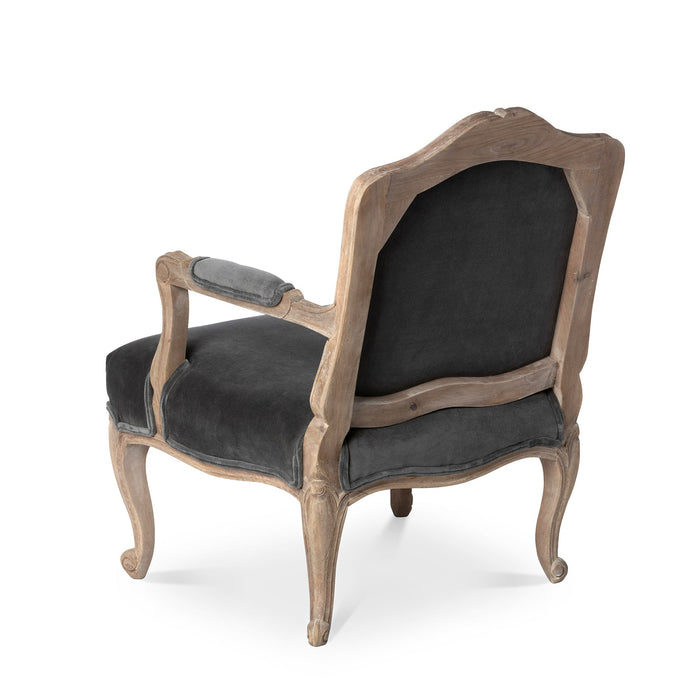 Chloe Velvet Upholstered Arm Chair - Elegant Charcoal Grey with Handcrafted Mango Wood Frame