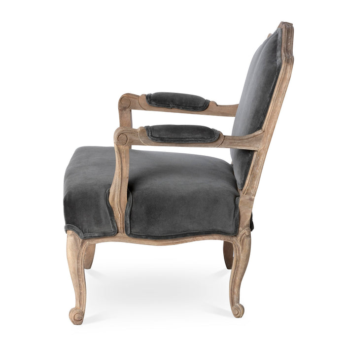 Chloe Velvet Upholstered Arm Chair - Elegant Charcoal Grey with Handcrafted Mango Wood Frame