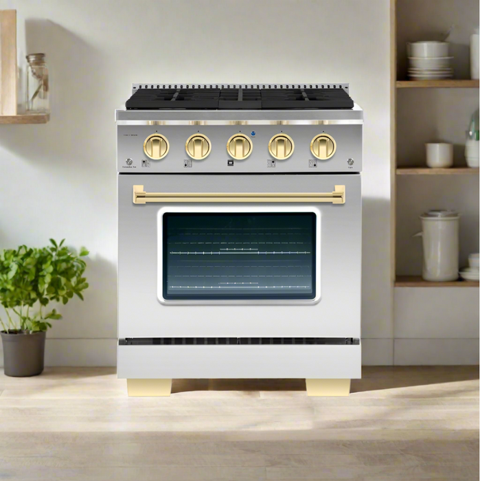 HALLMAN Bold Series 30" Dual Fuel Freestanding Range with Brass Trim - HBRDF30BS