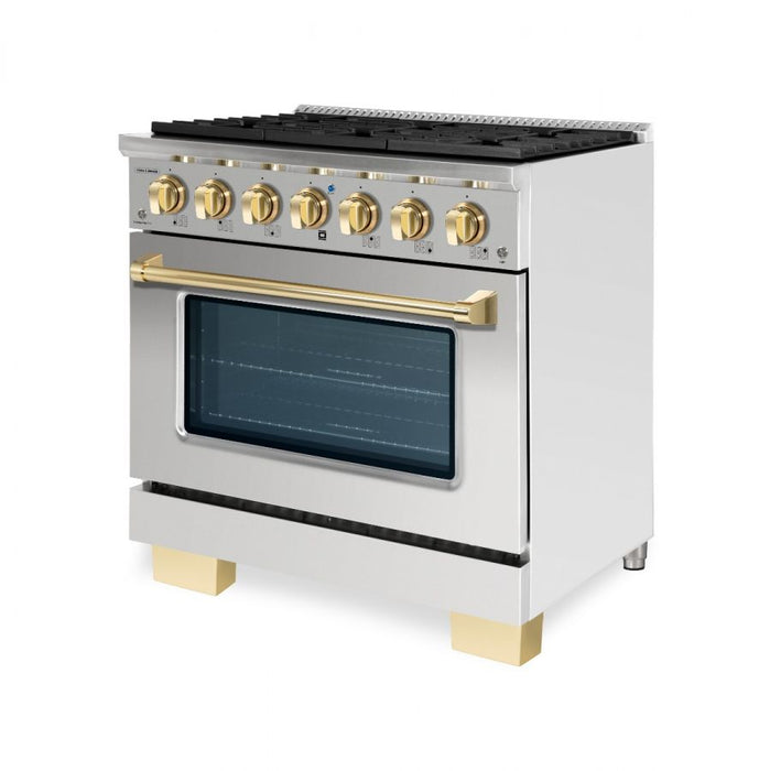 HALLMAN Bold Series 36" Dual Fuel Freestanding Range with Brass Trim - HBRDF36BS