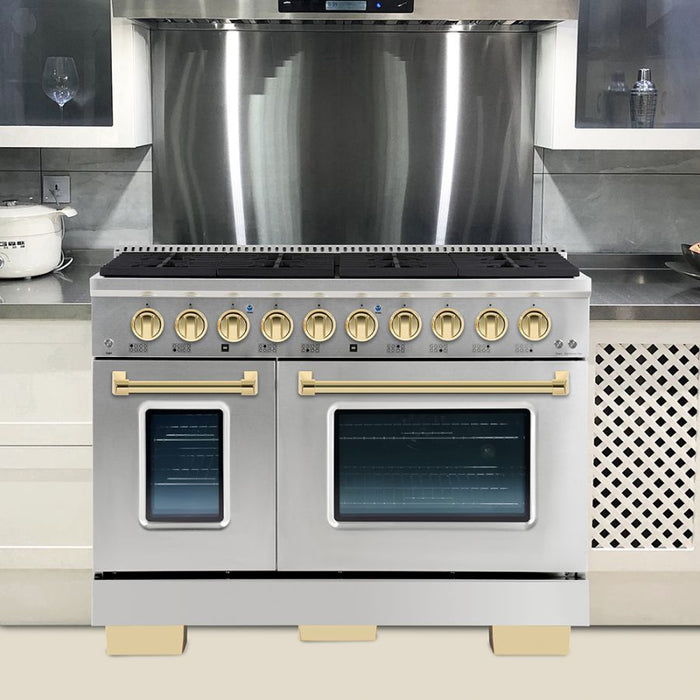 HALLMAN Bold Series 48" Dual Fuel Freestanding Range with Brass Trim - HBRDF48BS