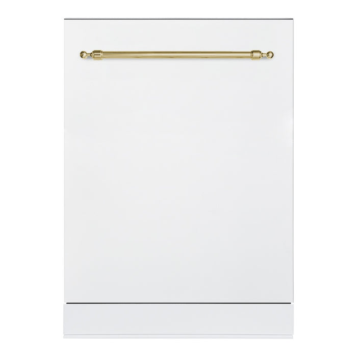 HALLMAN 24-Inch Dishwasher with Stainless Steel Metal Spray Arms in White with Classico Brass Handle (HCDW24BSWT)