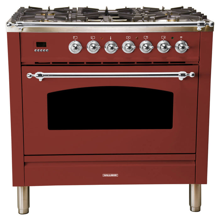 HALLMAN 36 in. Single Oven All Gas Italian Range, Chrome Trim in Burgundy (HGR36CMBG)