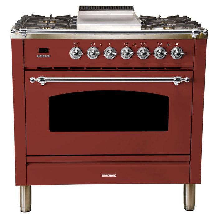 HALLMAN 36 in. Single Oven All Gas Italian Range, Chrome Trim in Burgundy (HGR36CMBG)