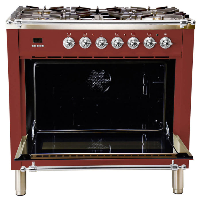 HALLMAN 36 in. Single Oven All Gas Italian Range, Chrome Trim in Burgundy (HGR36CMBG)