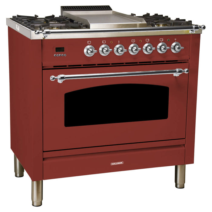 HALLMAN 36 in. Single Oven All Gas Italian Range, Chrome Trim in Burgundy (HGR36CMBG)