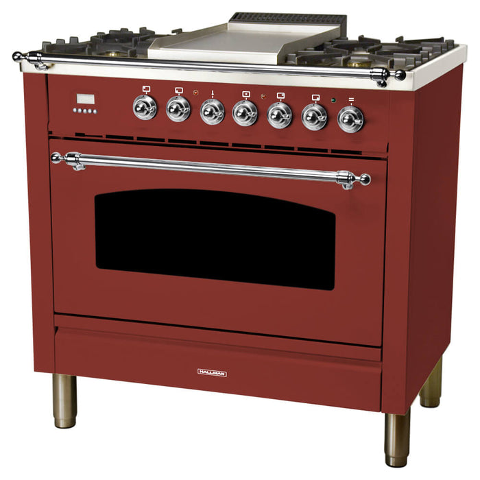 HALLMAN 36 in. Single Oven All Gas Italian Range, Chrome Trim in Burgundy (HGR36CMBG)